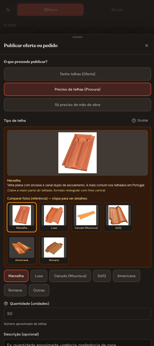 Vista mobile de criar pedido — formulário